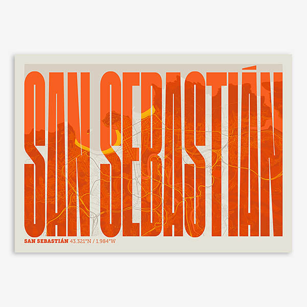 Decorative map of San Sebastian and letters of its name in a giclée print designed in orange and an off-white background