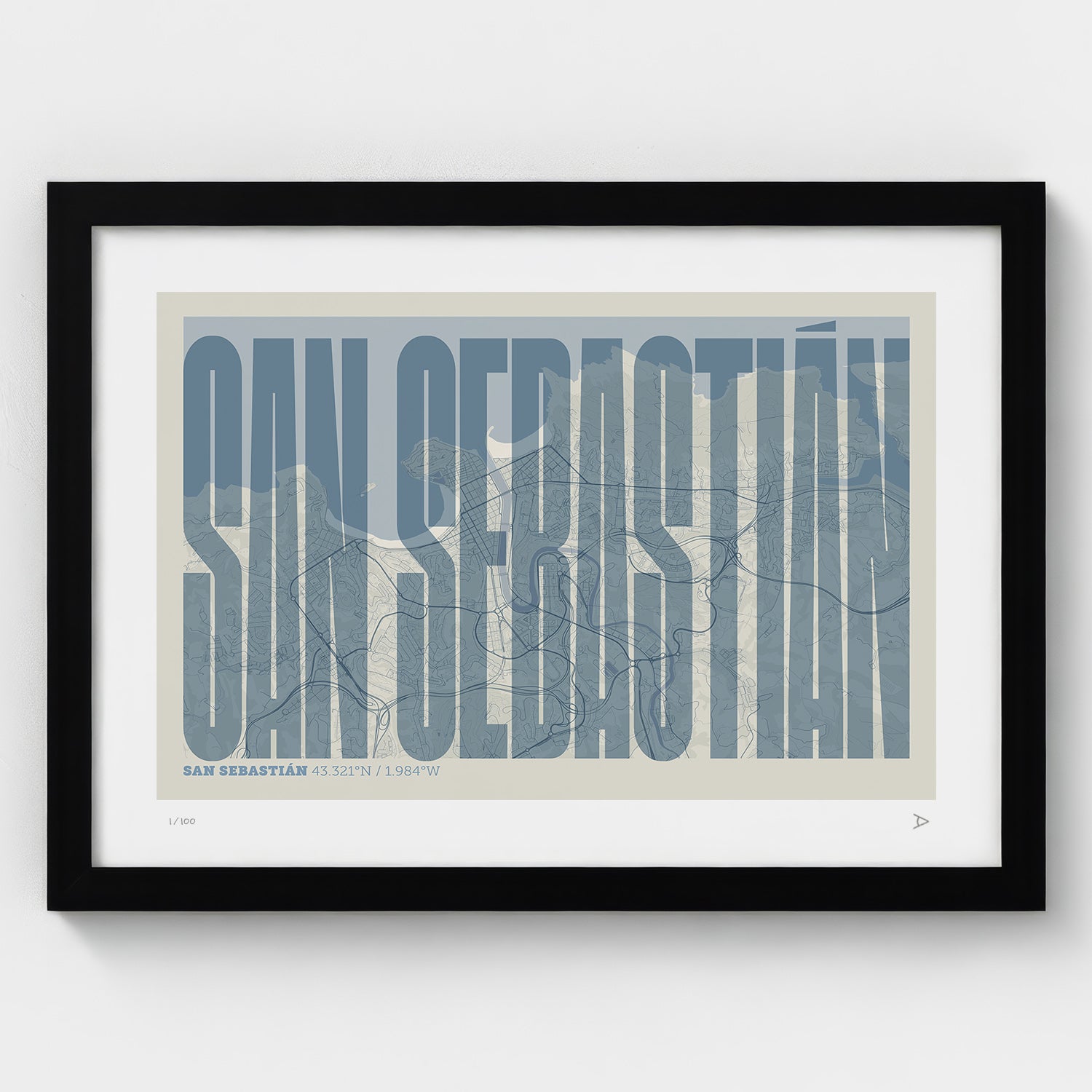 Lámina tipográfica de San Sebastián – diseño Extra Comprimida, marco negro