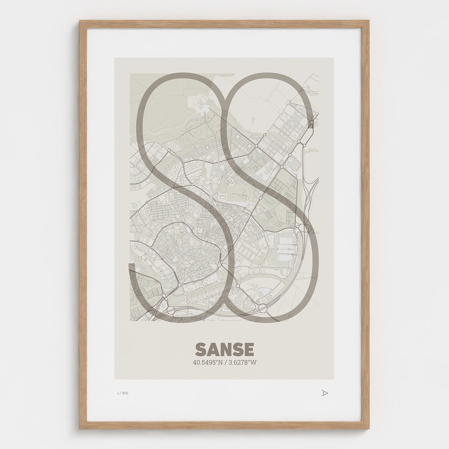 Lámina tipográfica de San Sebastián de los Reyes – diseño Ultrafina, marco de madera natural