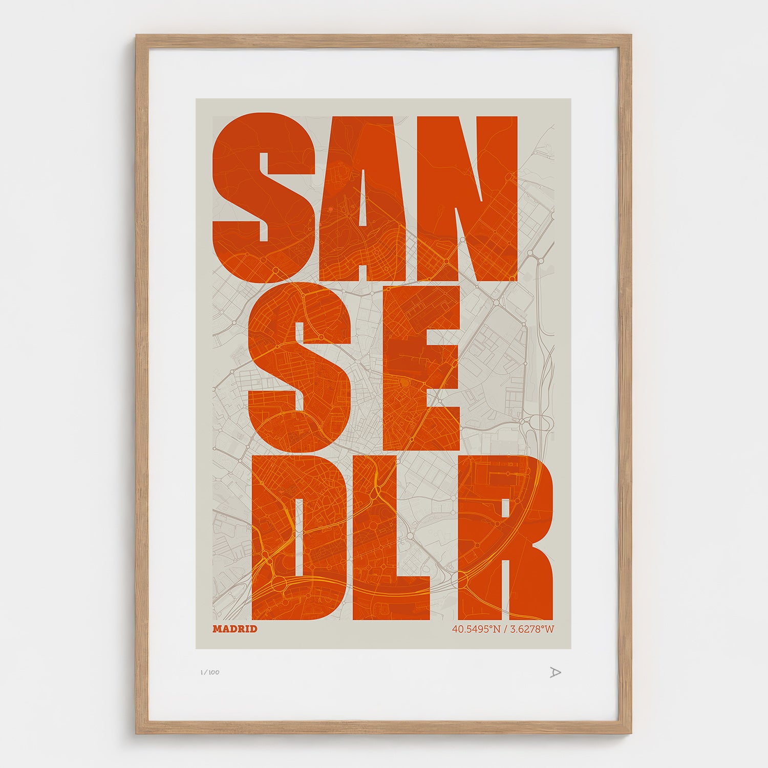 Lámina tipográfica de San Sebastián de los Reyes – diseño Revoltosa, marco de madera natural