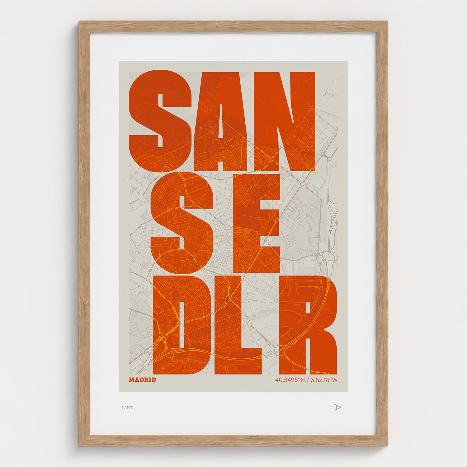 Lámina tipográfica de San Sebastián de los Reyes – diseño Revoltosa, marco de madera natural