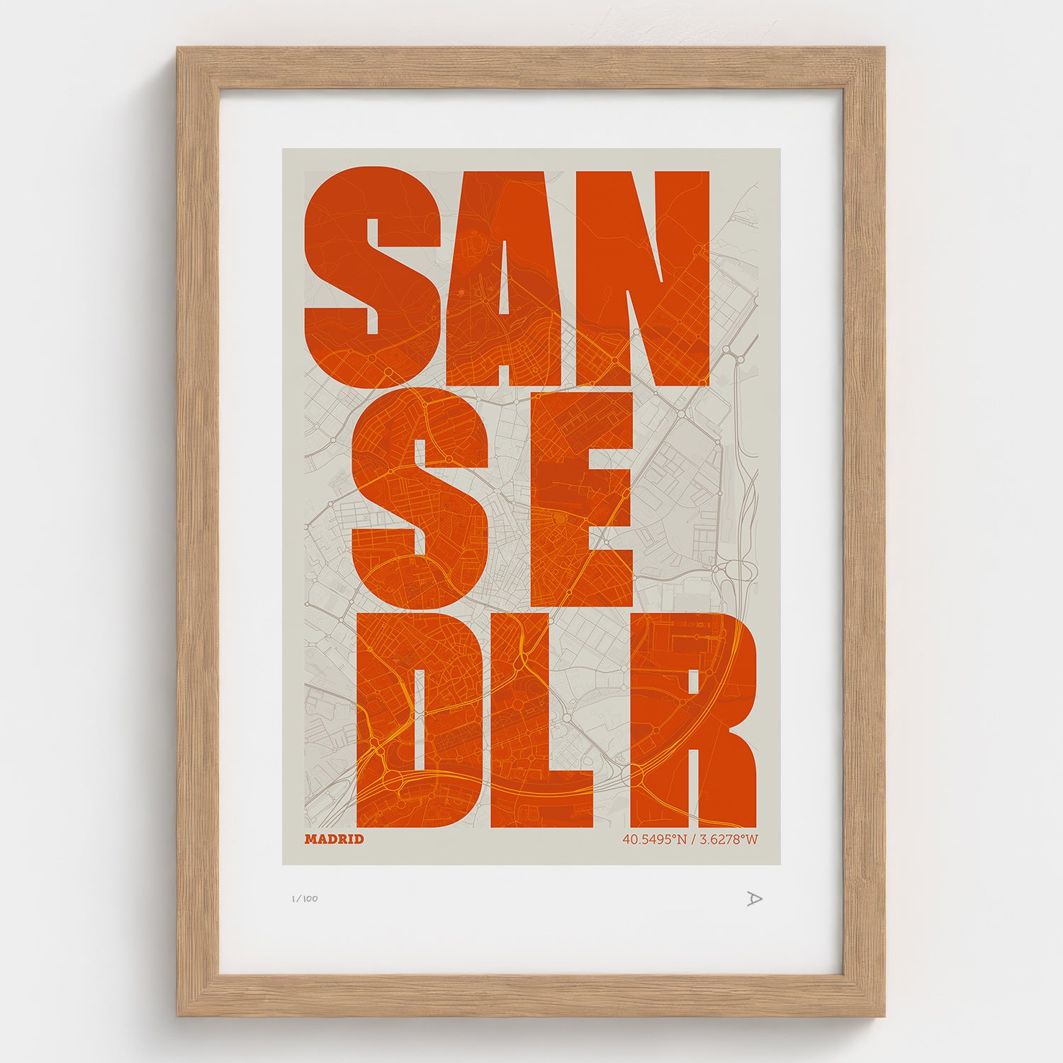 Lámina tipográfica de San Sebastián de los Reyes – diseño Revoltosa, marco de madera natural