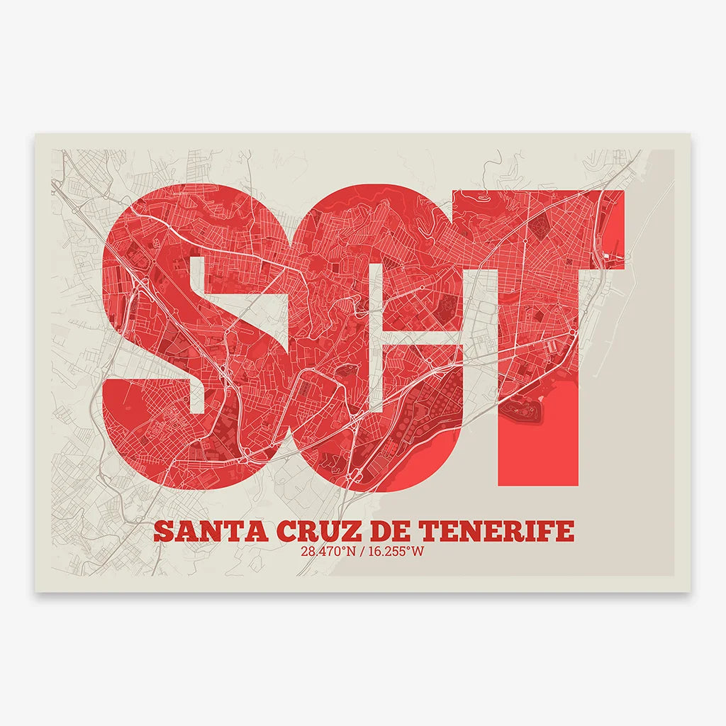 The map of Santa Cruz de Tenerife in Super Bold design, a typographic poster where the city map is overlaid with extra-thick lettering for a modern, high-impact look designed in red and an off-white background