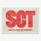 The map of Santa Cruz de Tenerife in Super Bold design, a typographic poster where the city map is overlaid with extra-thick lettering for a modern, high-impact look designed in red and an off-white background