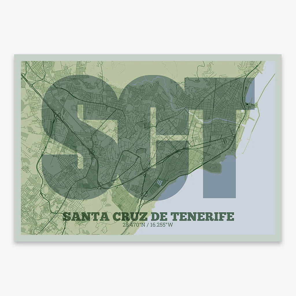 Decorative print of Santa Cruz de Tenerife composed with letters in a heavy geometric font printed on two green tones