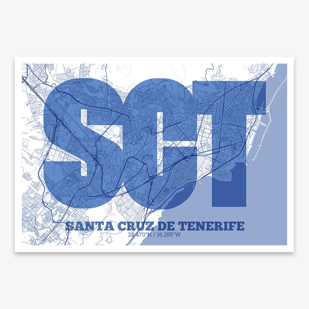 Decorative print of Santa Cruz de Tenerife composed with letters in a heavy geometric font printed on navy blue and white