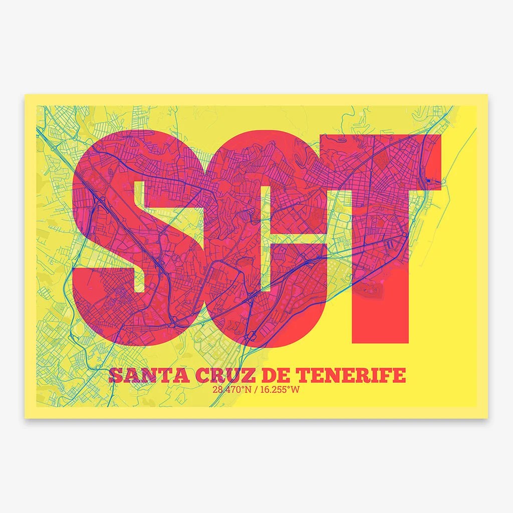 Decorative print of Santa Cruz de Tenerife composed with letters in a heavy geometric font printed on yellow and fuchsia