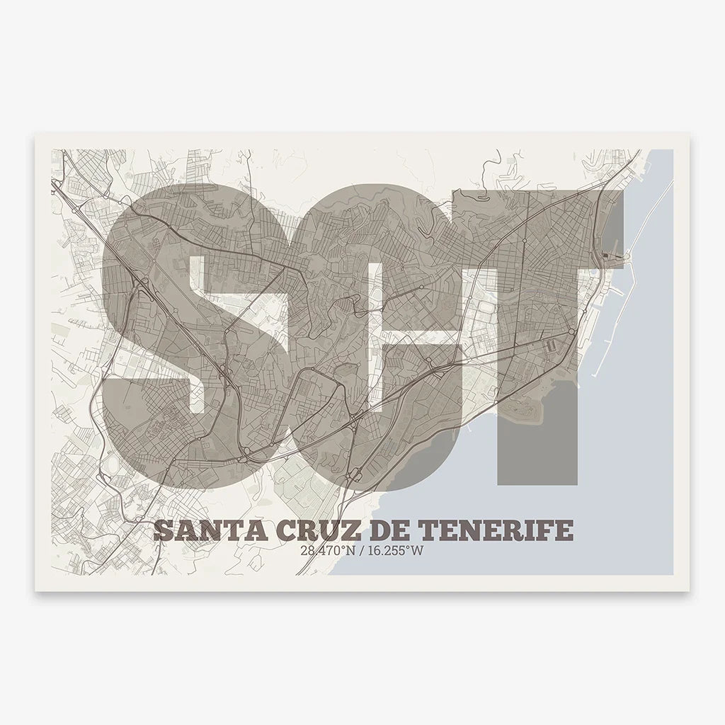 Decorative print of Santa Cruz de Tenerife composed with letters in a heavy geometric font printed on light brown and an off-white background