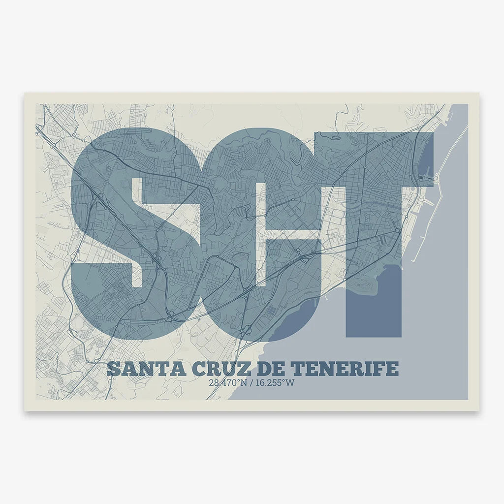 Decorative print of Santa Cruz de Tenerife composed with letters in a heavy geometric font printed on bluish gray and an off-white background