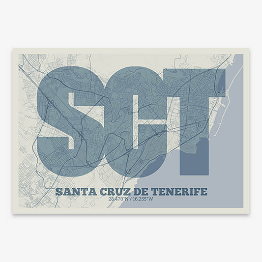Decorative print of Santa Cruz de Tenerife composed with letters in a heavy geometric font printed on bluish gray and an off-white background