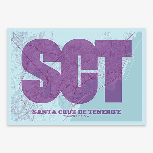 Decorative print of Santa Cruz de Tenerife composed with letters in a heavy geometric font printed on purple and light blue