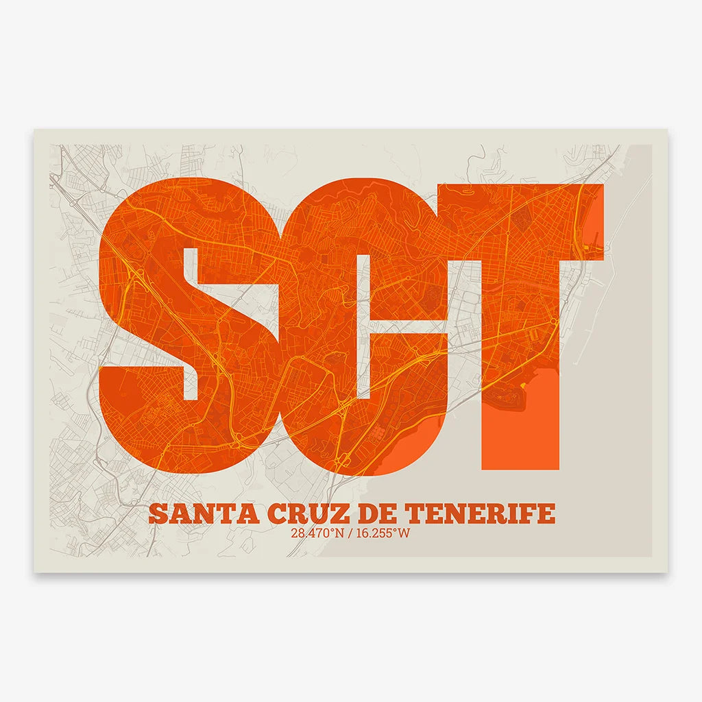 Decorative print of Santa Cruz de Tenerife composed with letters in a heavy geometric font printed on orange and an off-white background
