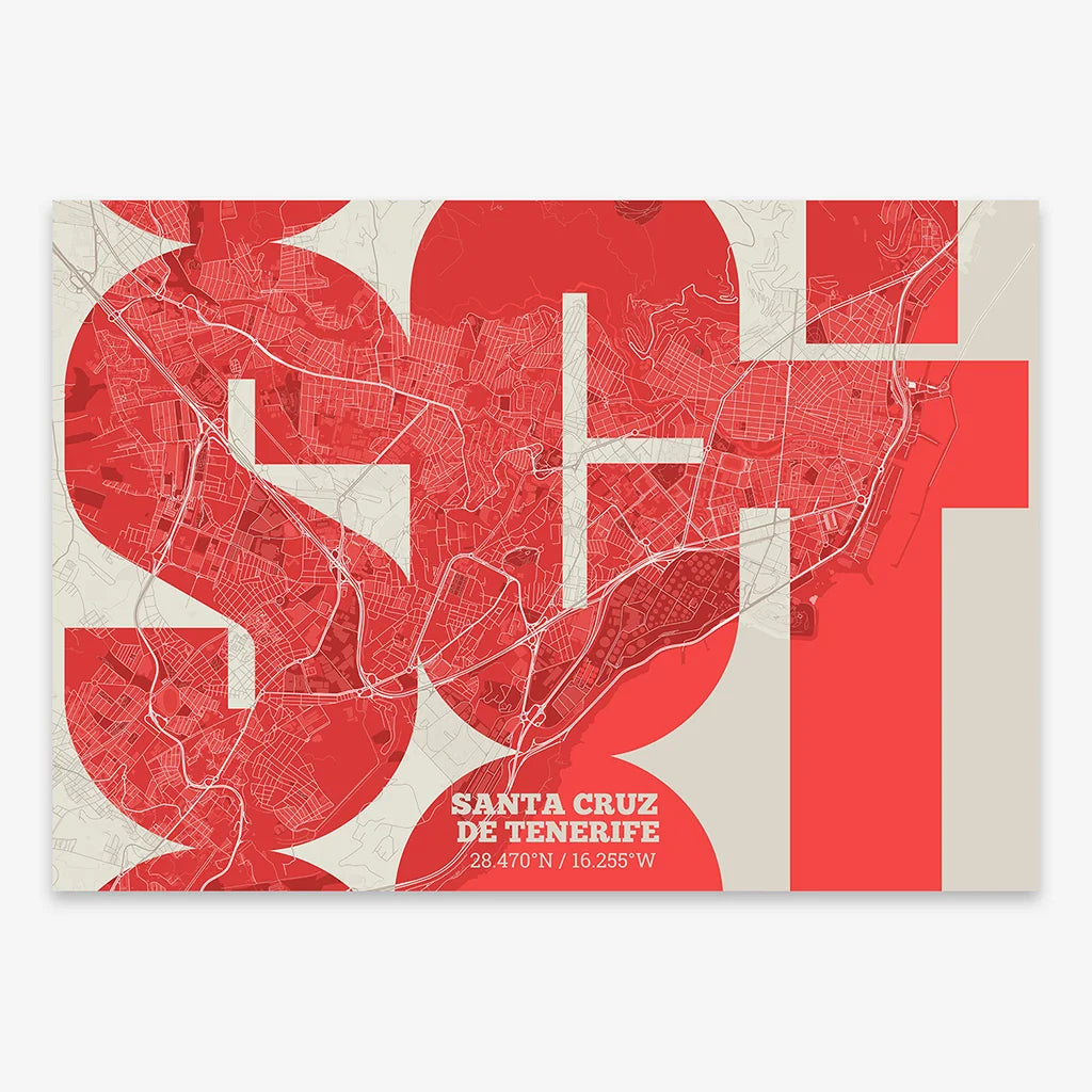 Poster of Santa Cruz de Tenerife composed with letters from its abbreviation or its airport IATA code printed on red and an off-white background