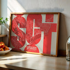 Modern interior design with a Santa Cruz de Tenerife in Inseparable design, featuring the city's abbreviation in expressive typography over a detailed urban map designed in red and an off-white background, displayed on a living room wall