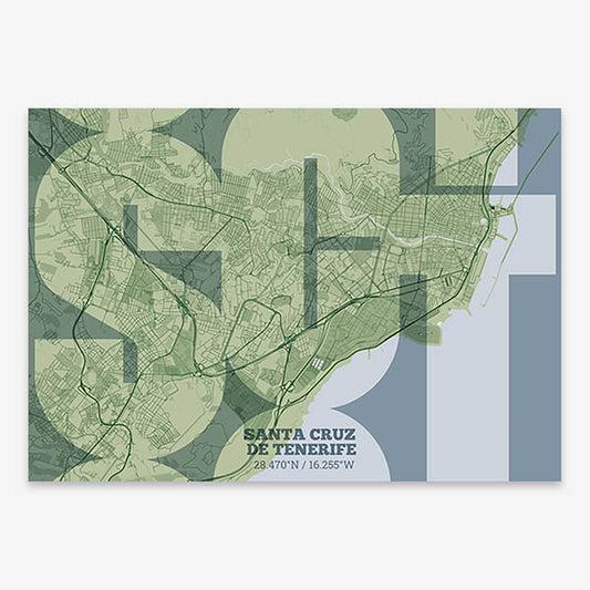 Poster of Santa Cruz de Tenerife composed with letters from its abbreviation or its airport IATA code printed on two green tones