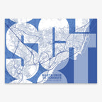 Mapa de Santa Cruz de Tenerife en mi diseño la Inseparable, una visión artística con una tipografía expresiva que muestra la abreviatura del nombre sobre el mapa detallado diseñado en azul marino y blanco