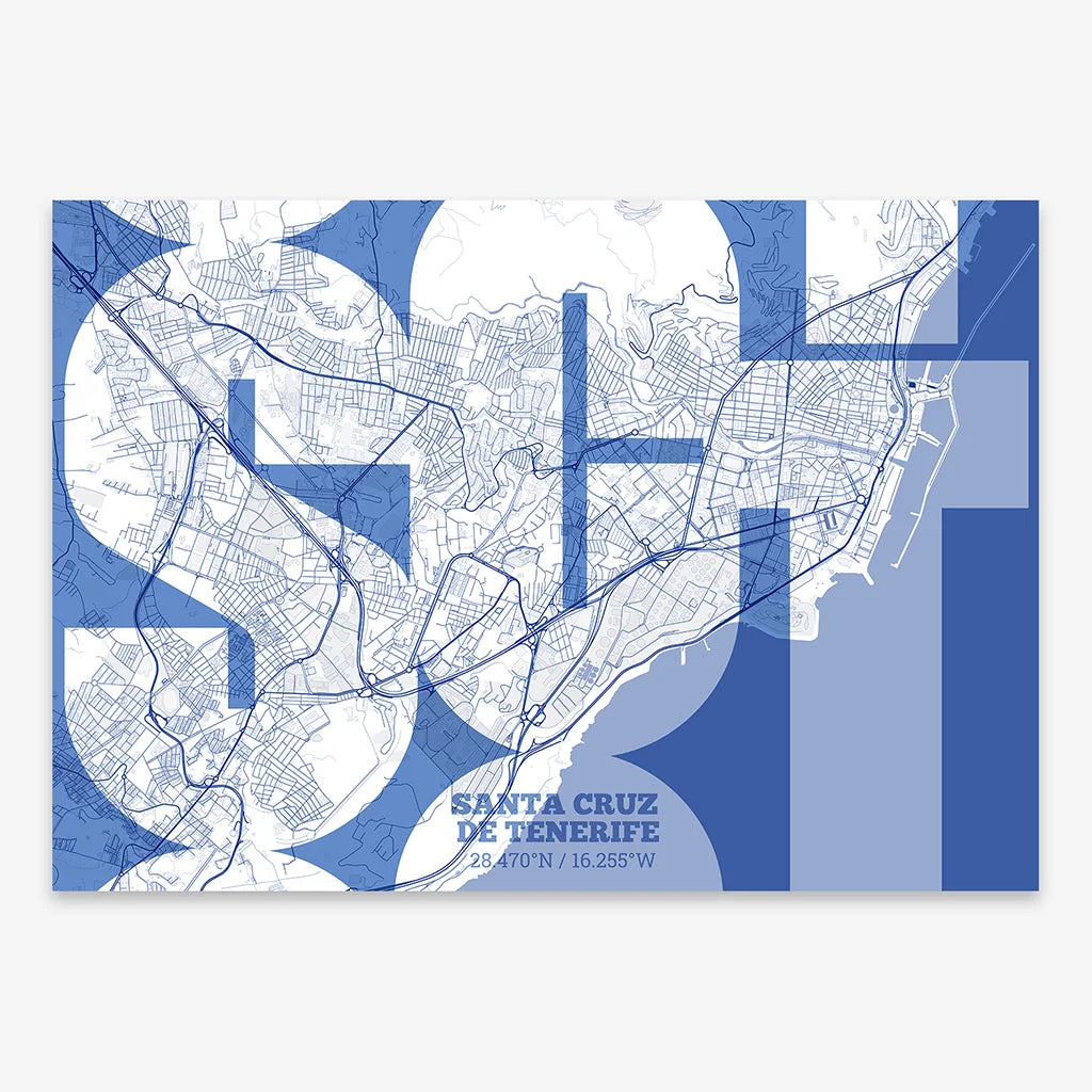 Poster of Santa Cruz de Tenerife composed with letters from its abbreviation or its airport IATA code printed on navy blue and white