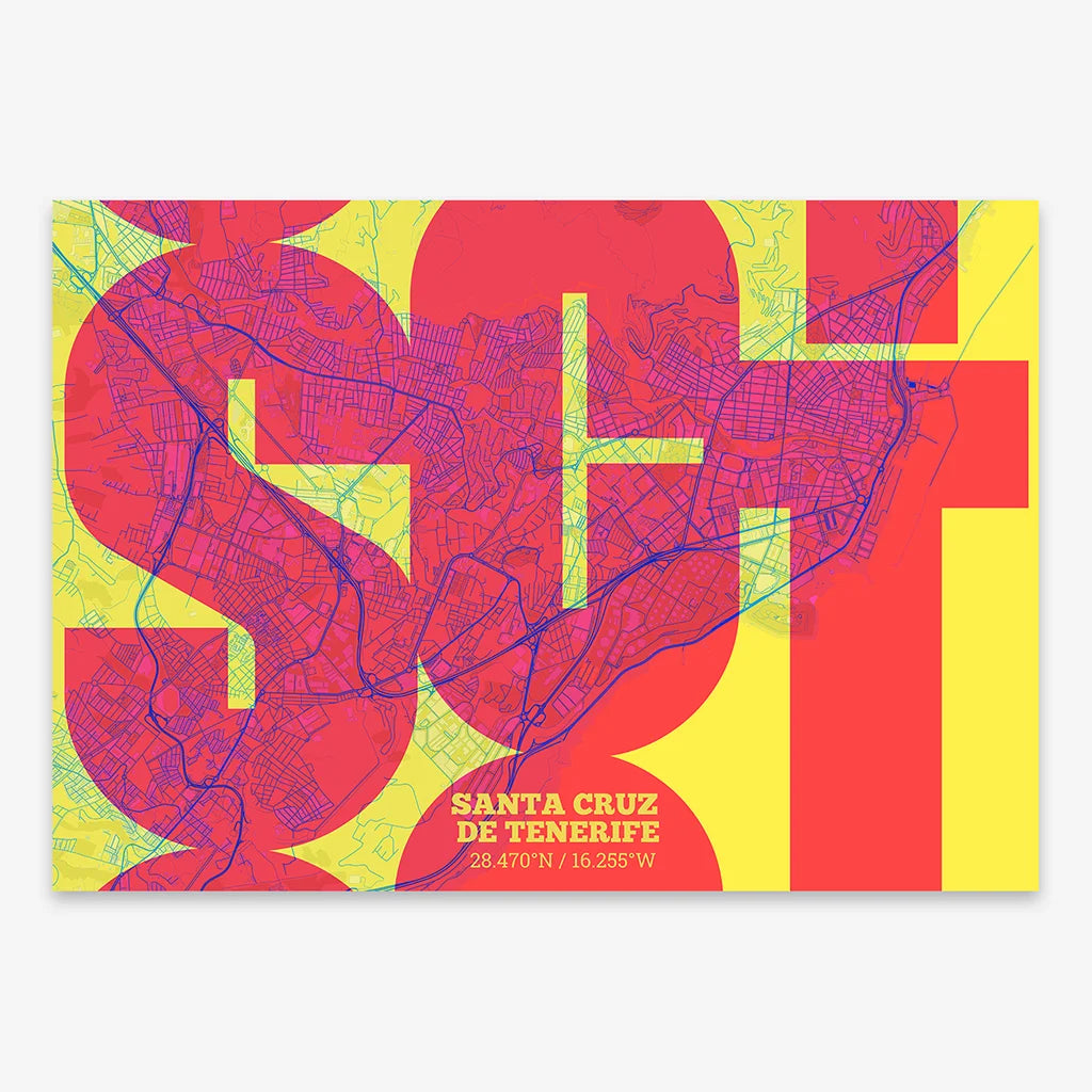 Poster of Santa Cruz de Tenerife composed with letters from its abbreviation or its airport IATA code printed on yellow and fuchsia