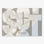 Mapa de Santa Cruz de Tenerife en mi diseño la Inseparable, una visión artística con una tipografía expresiva que muestra la abreviatura del nombre sobre el mapa detallado diseñado en marrón claro y fondo blanco roto