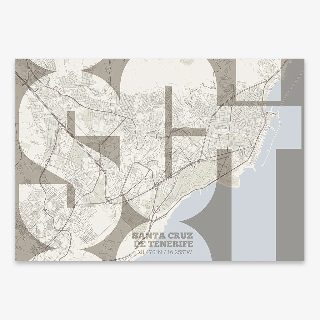 Poster of Santa Cruz de Tenerife composed with letters from its abbreviation or its airport IATA code printed on light brown and an off-white background
