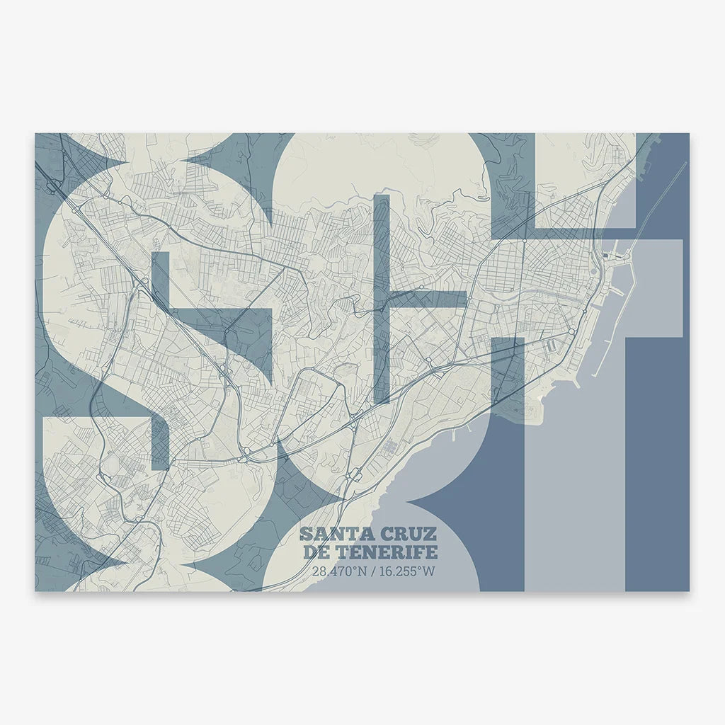 Poster of Santa Cruz de Tenerife composed with letters from its abbreviation or its airport IATA code printed on bluish gray and an off-white background