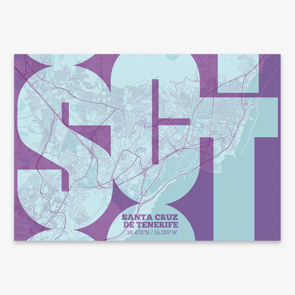 Poster of Santa Cruz de Tenerife composed with letters from its abbreviation or its airport IATA code printed on purple and light blue