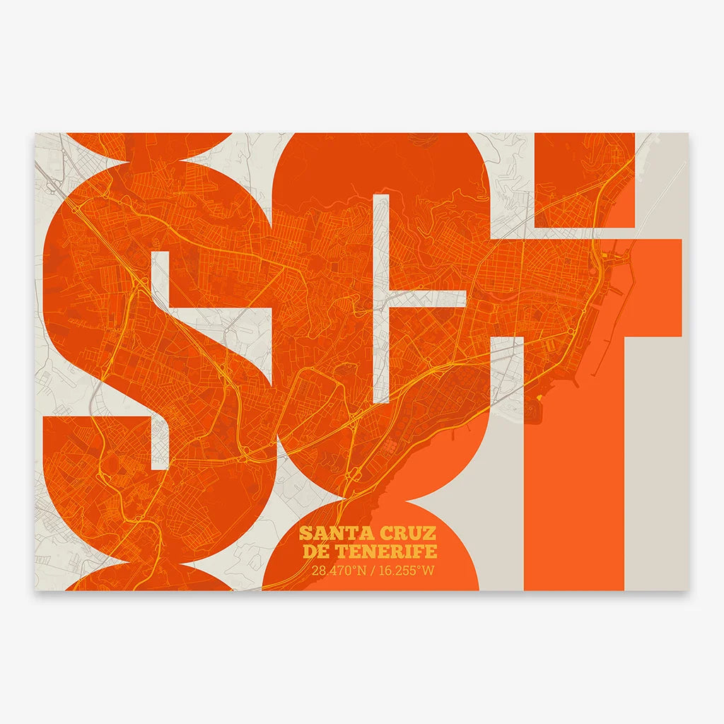 Poster of Santa Cruz de Tenerife composed with letters from its abbreviation or its airport IATA code printed on orange and an off-white background