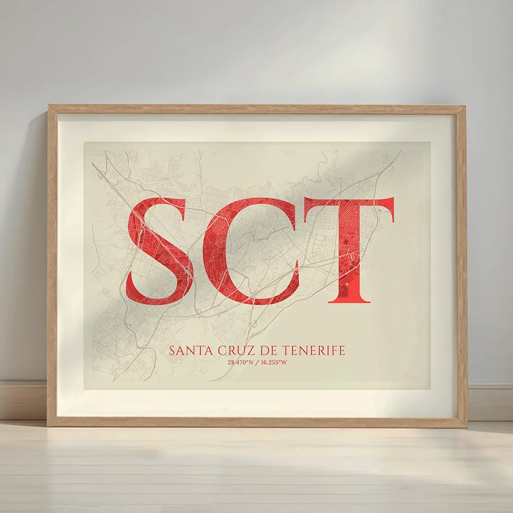 Framed Santa Cruz de Tenerife in Classic design, inspired by chiseled typography with an elegant font that creates a beautiful visual contrast designed in red and an off-white background with a white margin border in a warm lit minimalist setting