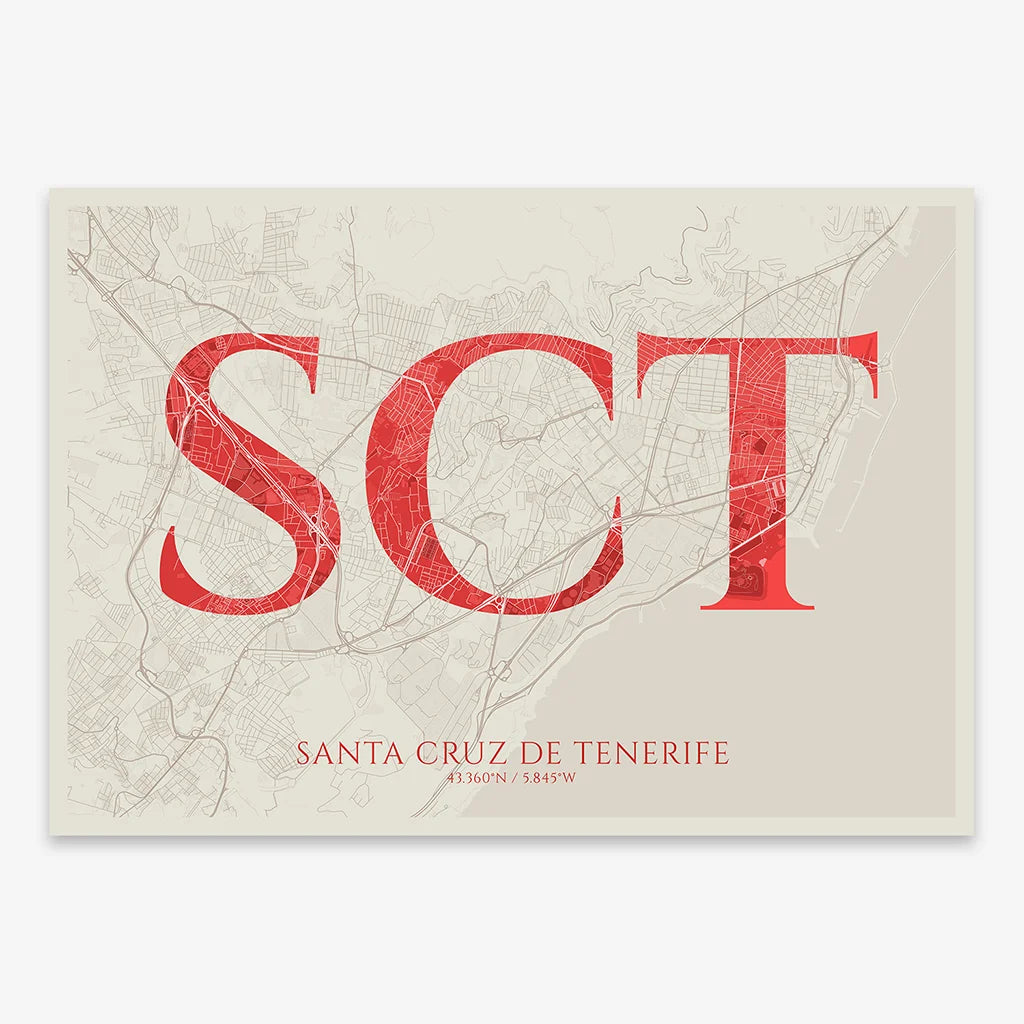 Decorative map of Santa Cruz de Tenerife composed with letters in serif font printed on red and an off-white background