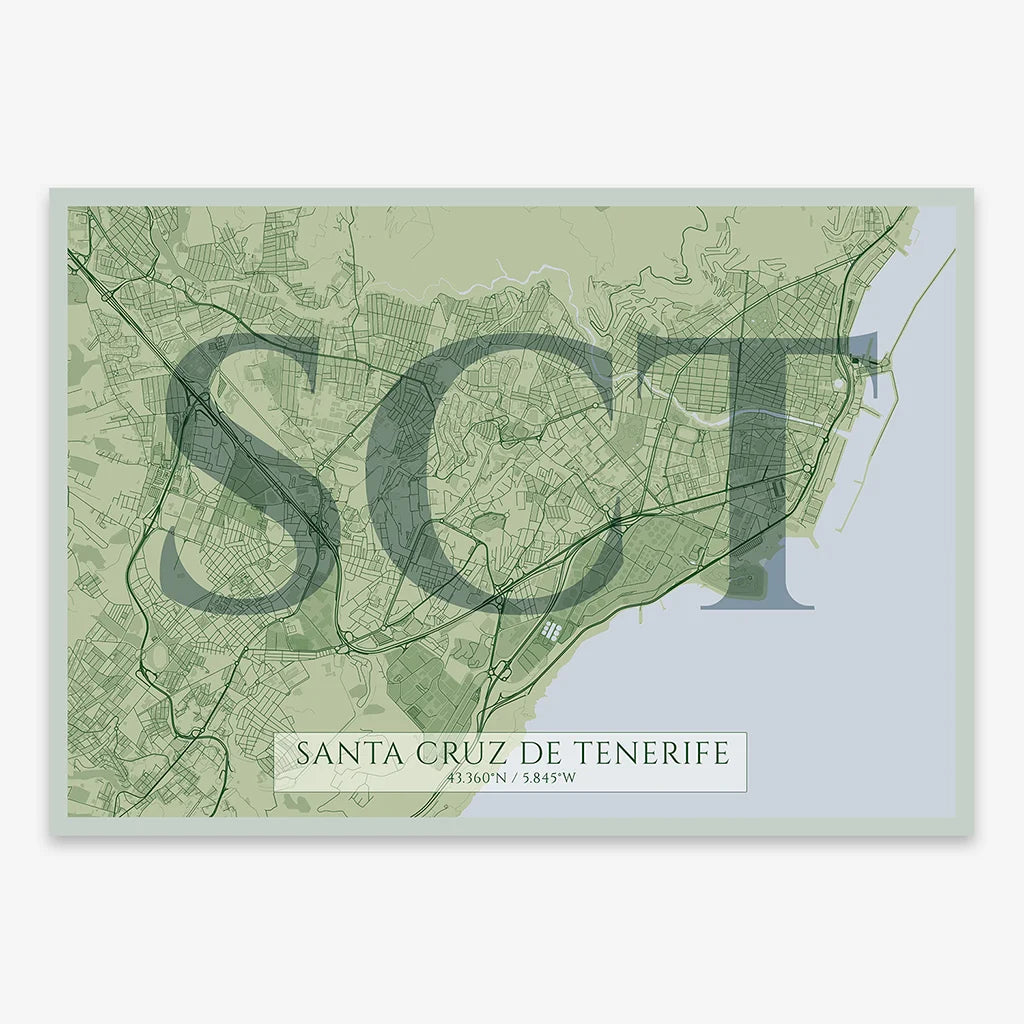 Decorative map of Santa Cruz de Tenerife composed with letters in serif font printed on two green tones