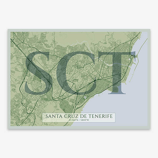 Decorative map of Santa Cruz de Tenerife composed with letters in serif font printed on two green tones