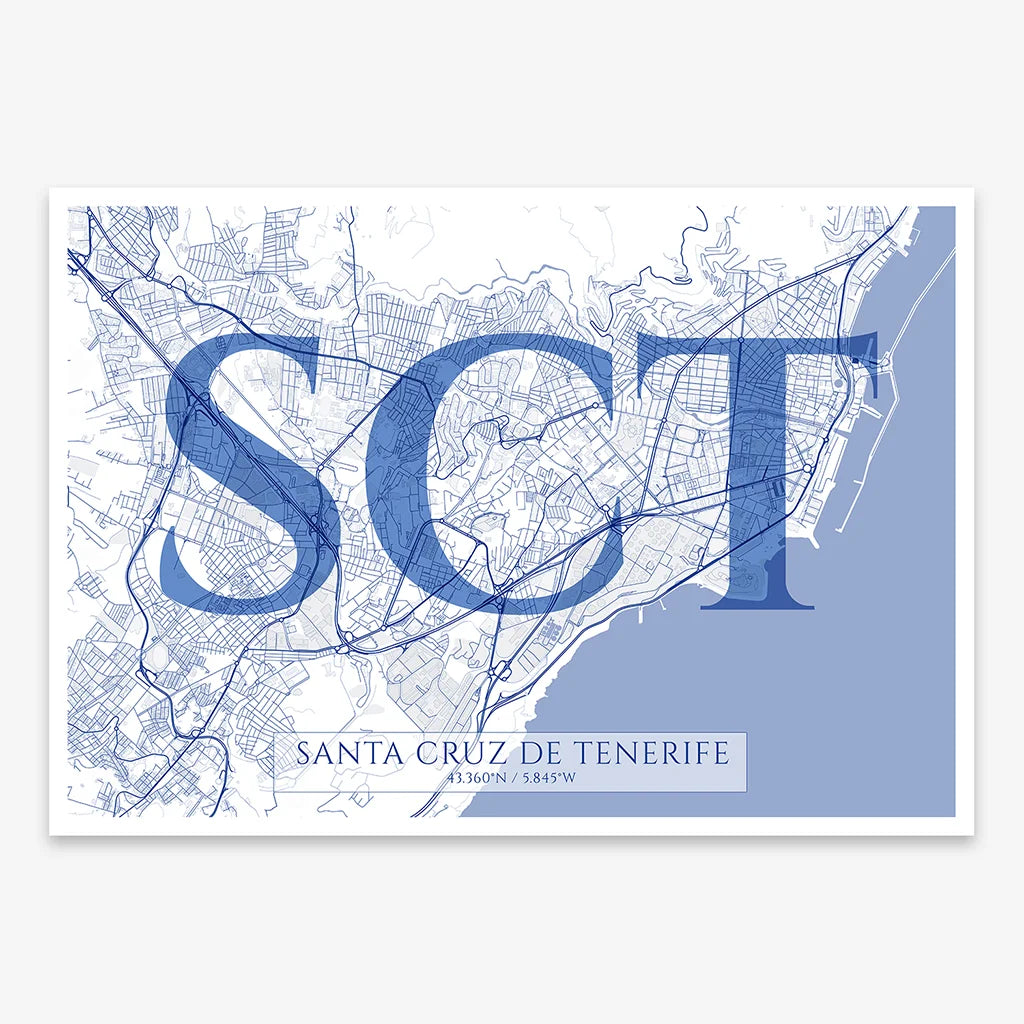 Decorative map of Santa Cruz de Tenerife composed with letters in serif font printed on navy blue and white