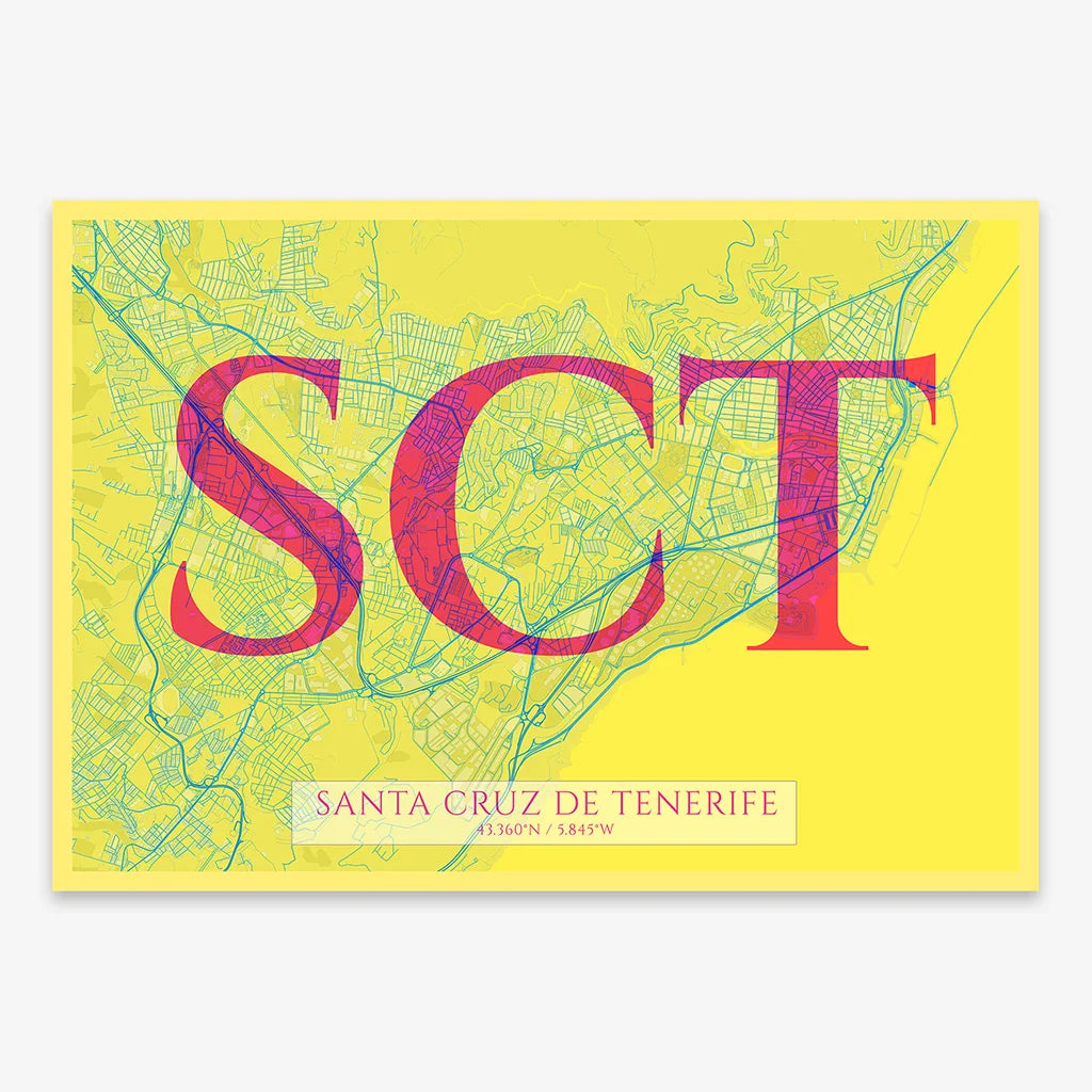Decorative map of Santa Cruz de Tenerife composed with letters in serif font printed on yellow and fuchsia