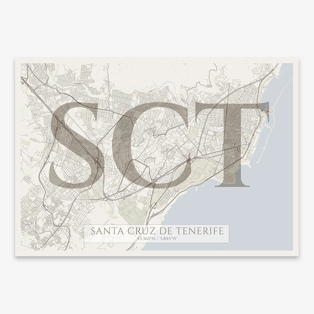 Decorative map of Santa Cruz de Tenerife composed with letters in serif font printed on light brown and an off-white background