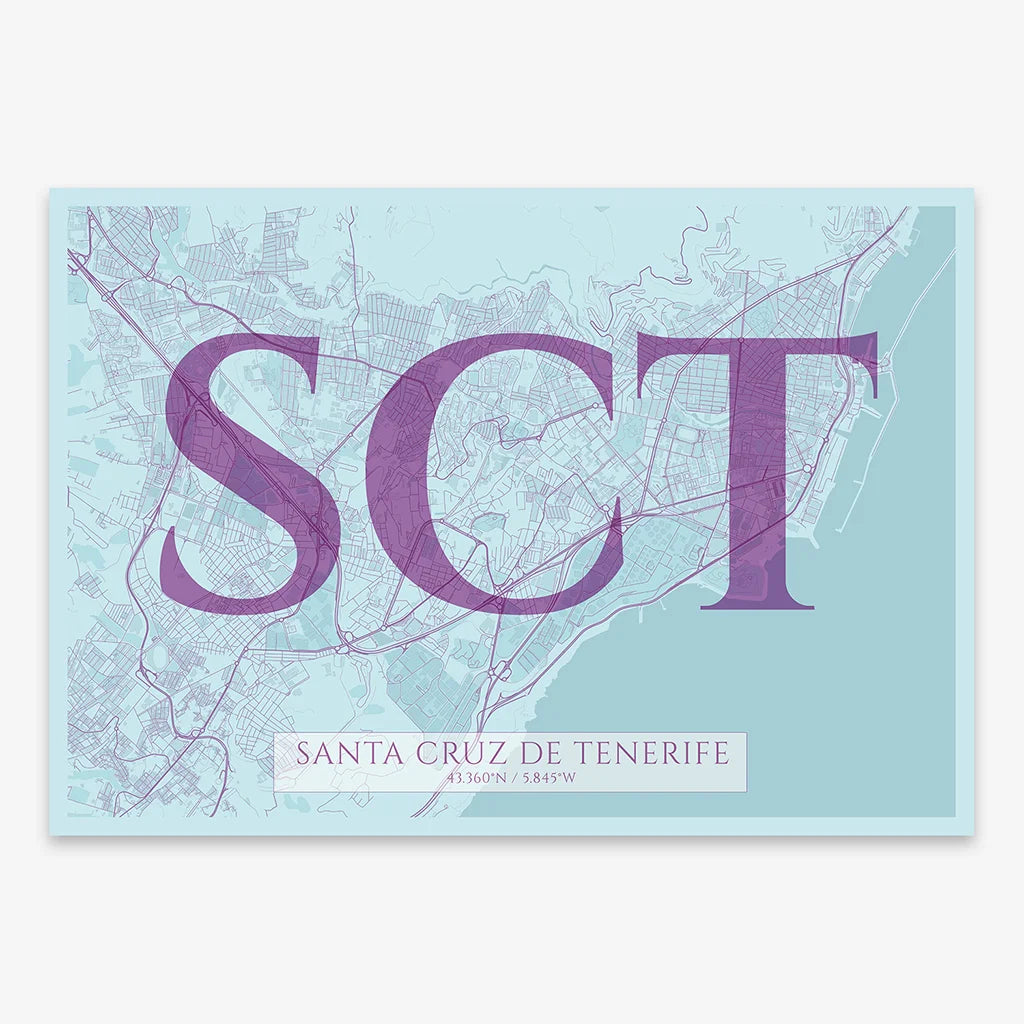 Decorative map of Santa Cruz de Tenerife composed with letters in serif font printed on purple and light blue