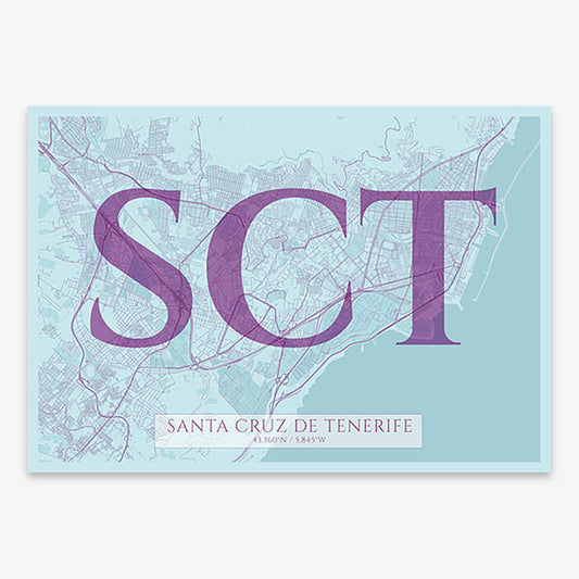 Decorative map of Santa Cruz de Tenerife composed with letters in serif font printed on purple and light blue