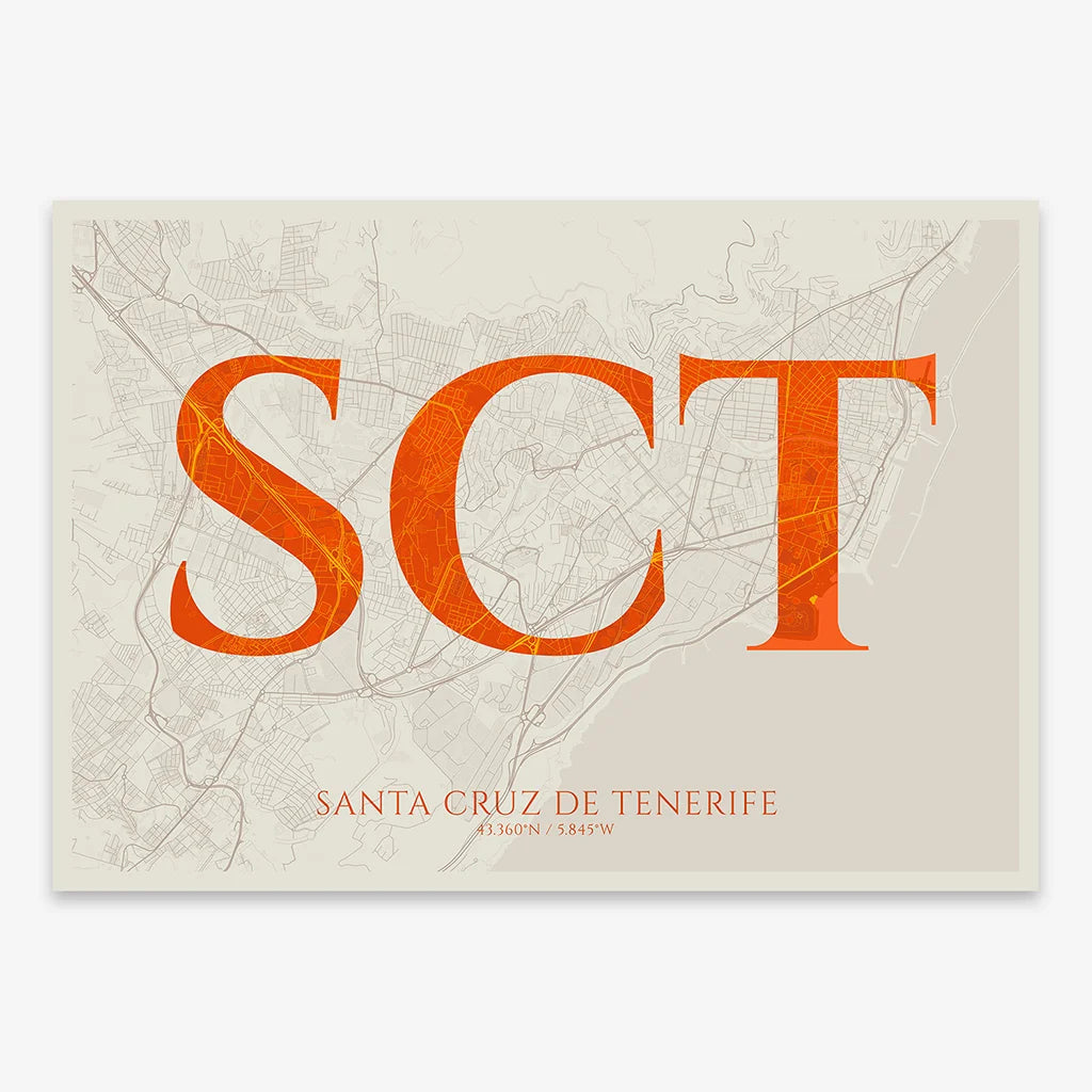 Decorative map of Santa Cruz de Tenerife composed with letters in serif font printed on orange and an off-white background
