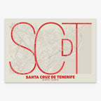 The map of Santa Cruz de Tenerife in Ultralight design, a minimalist aesthetic combining urban cartography with modern, extra-thin elegant lettering designed in red and an off-white background