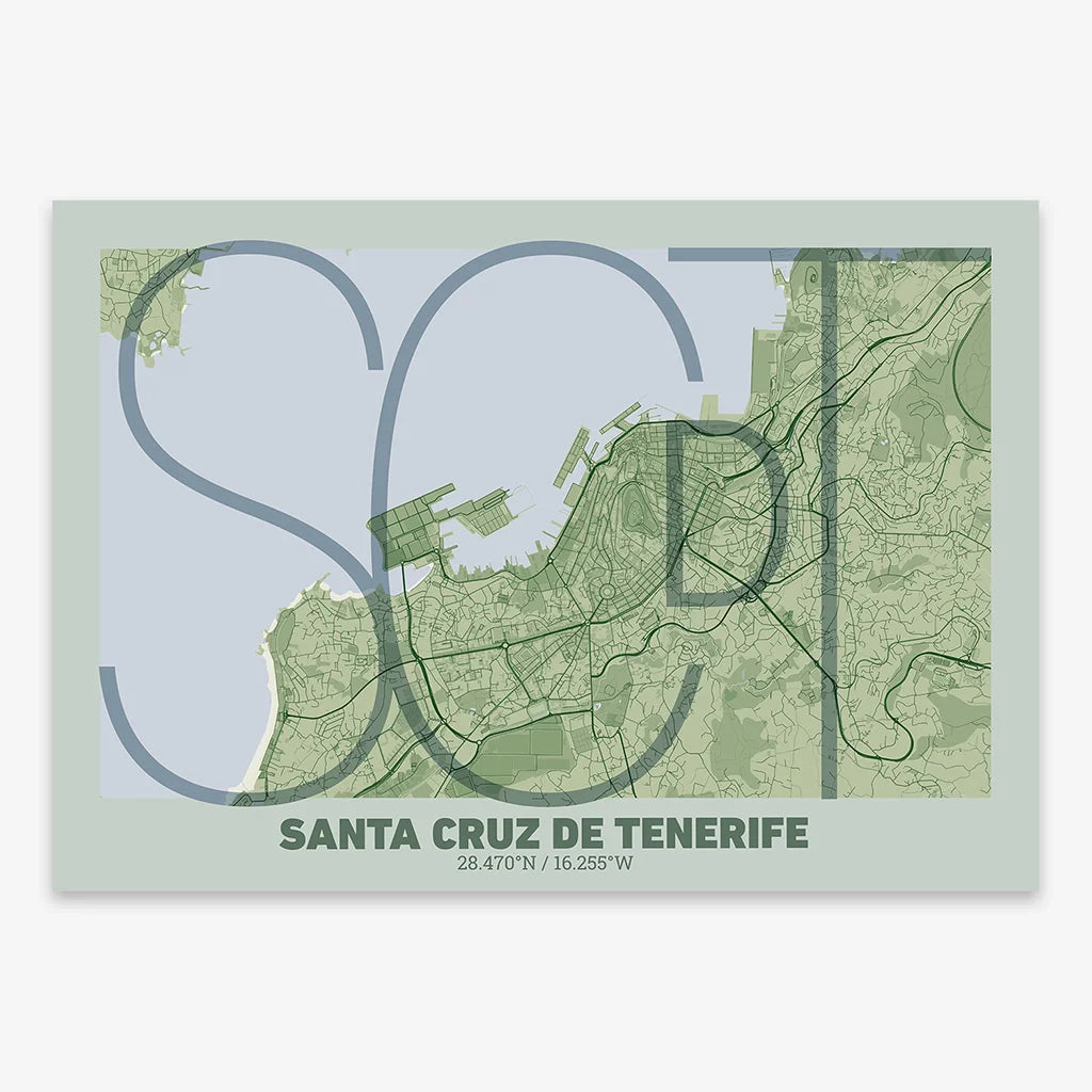 Poster of Santa Cruz de Tenerife composed with letters in extra light font printed on two green tones