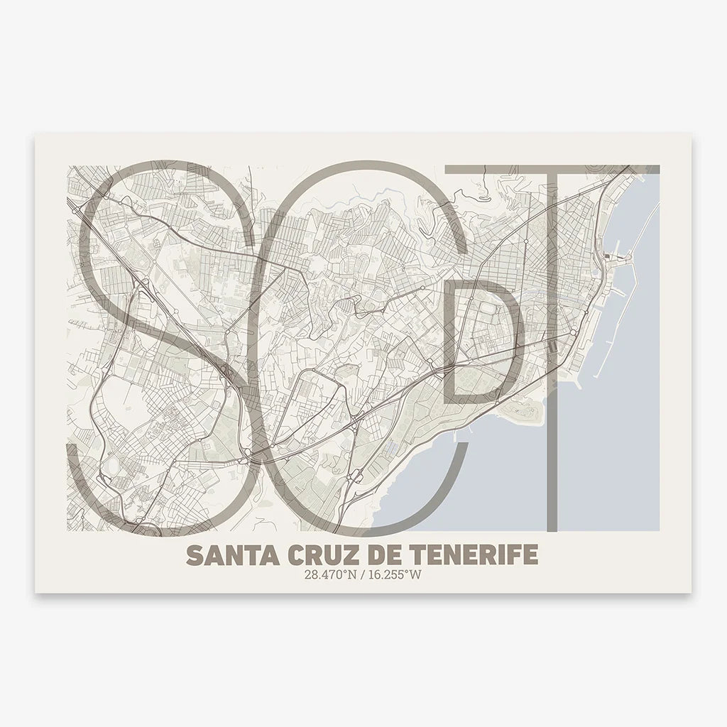 Poster of Santa Cruz de Tenerife composed with letters in extra light font printed on light brown and an off-white background