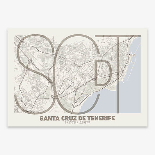 Poster of Santa Cruz de Tenerife composed with letters in extra light font printed on light brown and an off-white background