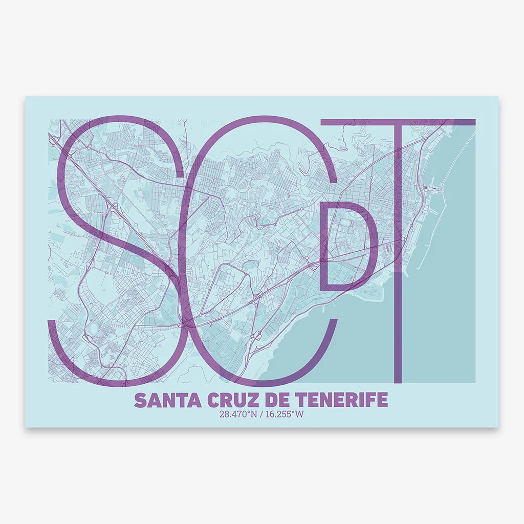 Poster of Santa Cruz de Tenerife composed with letters in extra light font printed on purple and light blue