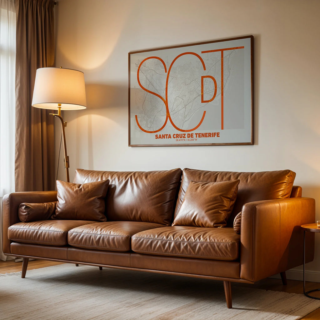Modern interior design with a Santa Cruz de Tenerife in Ultralight design, a minimalist aesthetic combining urban cartography with modern, extra-thin elegant lettering designed in orange and an off-white background, displayed on a living room wall