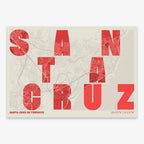 Decorative print of Santa Cruz de Tenerife with letters of its name placed randomly, designed in red and an off-white background