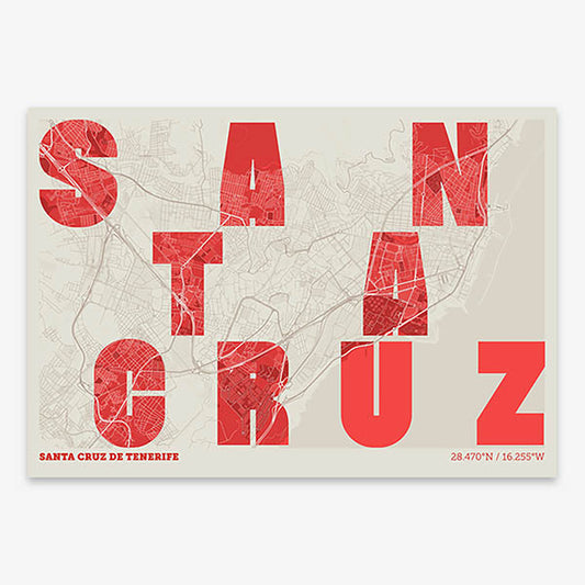 Decorative print of Santa Cruz de Tenerife with letters of its name placed randomly, designed in red and an off-white background