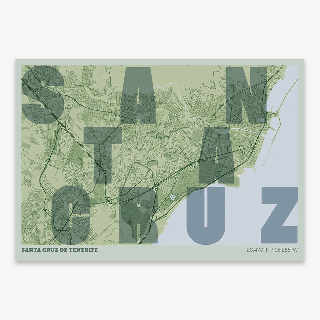 Decorative print of Santa Cruz de Tenerife with letters of its name placed randomly, designed in two green tones