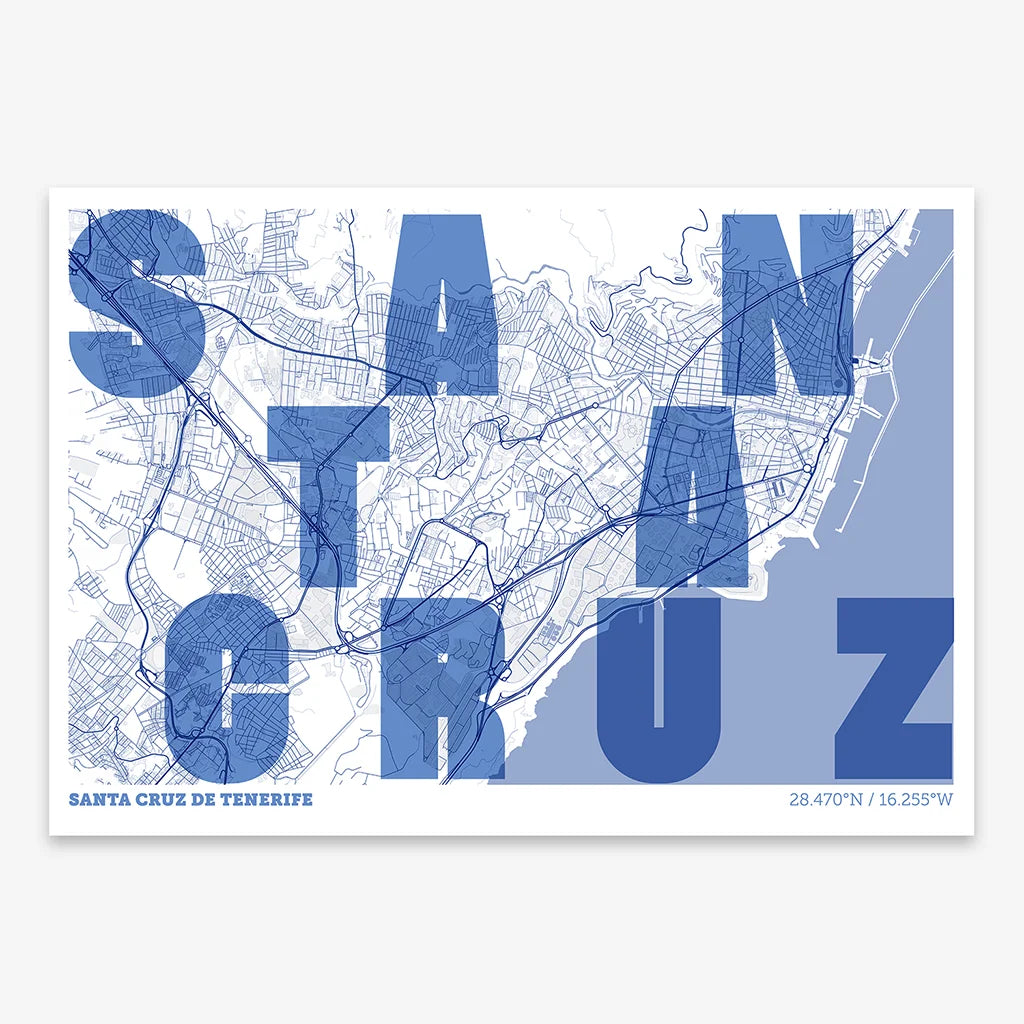 Decorative print of Santa Cruz de Tenerife with letters of its name placed randomly, designed in navy blue and white