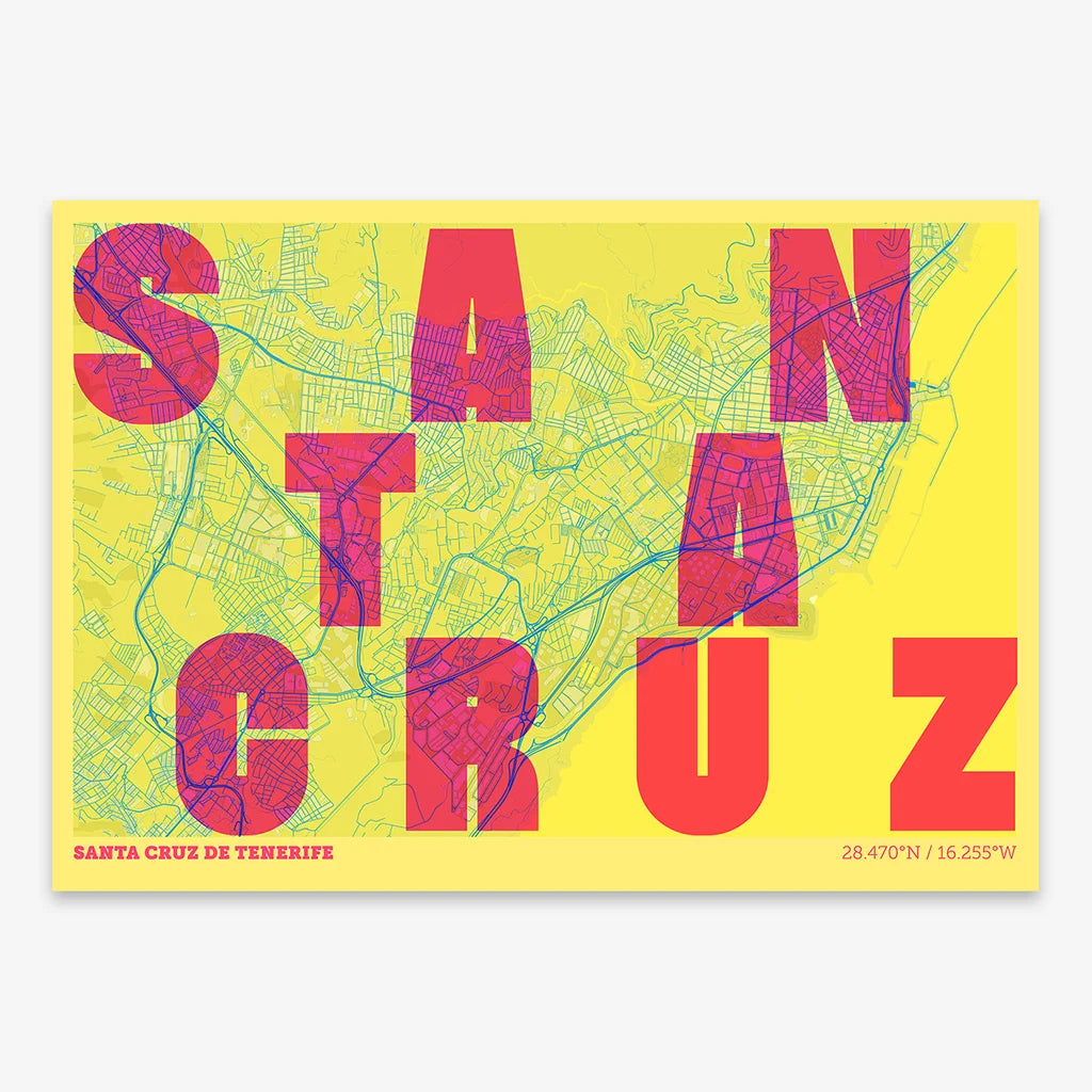 Decorative print of Santa Cruz de Tenerife with letters of its name placed randomly, designed in yellow and fuchsia