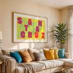 Modern interior design with a Santa Cruz de Tenerife in Unruled design, where the city name letters appear randomly across different lines for a truly original urban layout designed in yellow and fuchsia, displayed on a living room wall