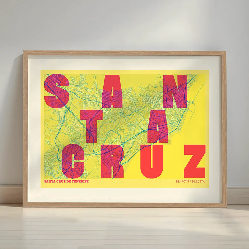 Framed Santa Cruz de Tenerife in Unruled design, where the city name letters appear randomly across different lines for a truly original urban layout designed in yellow and fuchsia with a white margin border in a warm lit minimalist setting